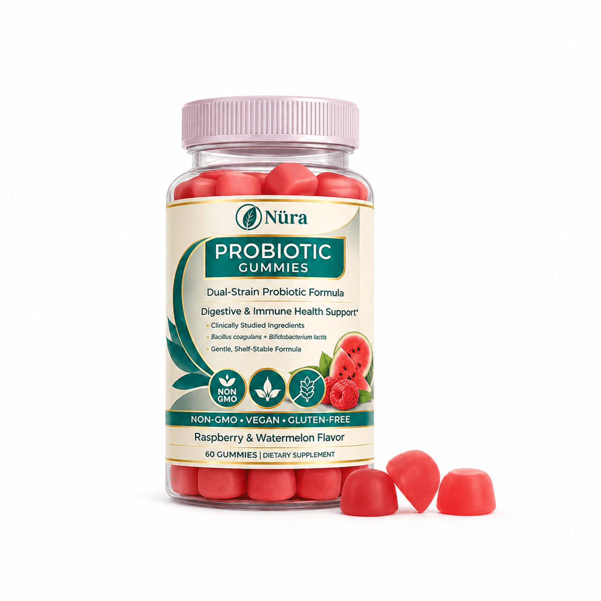 Nura Probiotics for Women - Dual Strain Gut Health Gummies, Digestive & Immune Support, Raspberry & Watermelon, 60 Count - Nura Nutrition