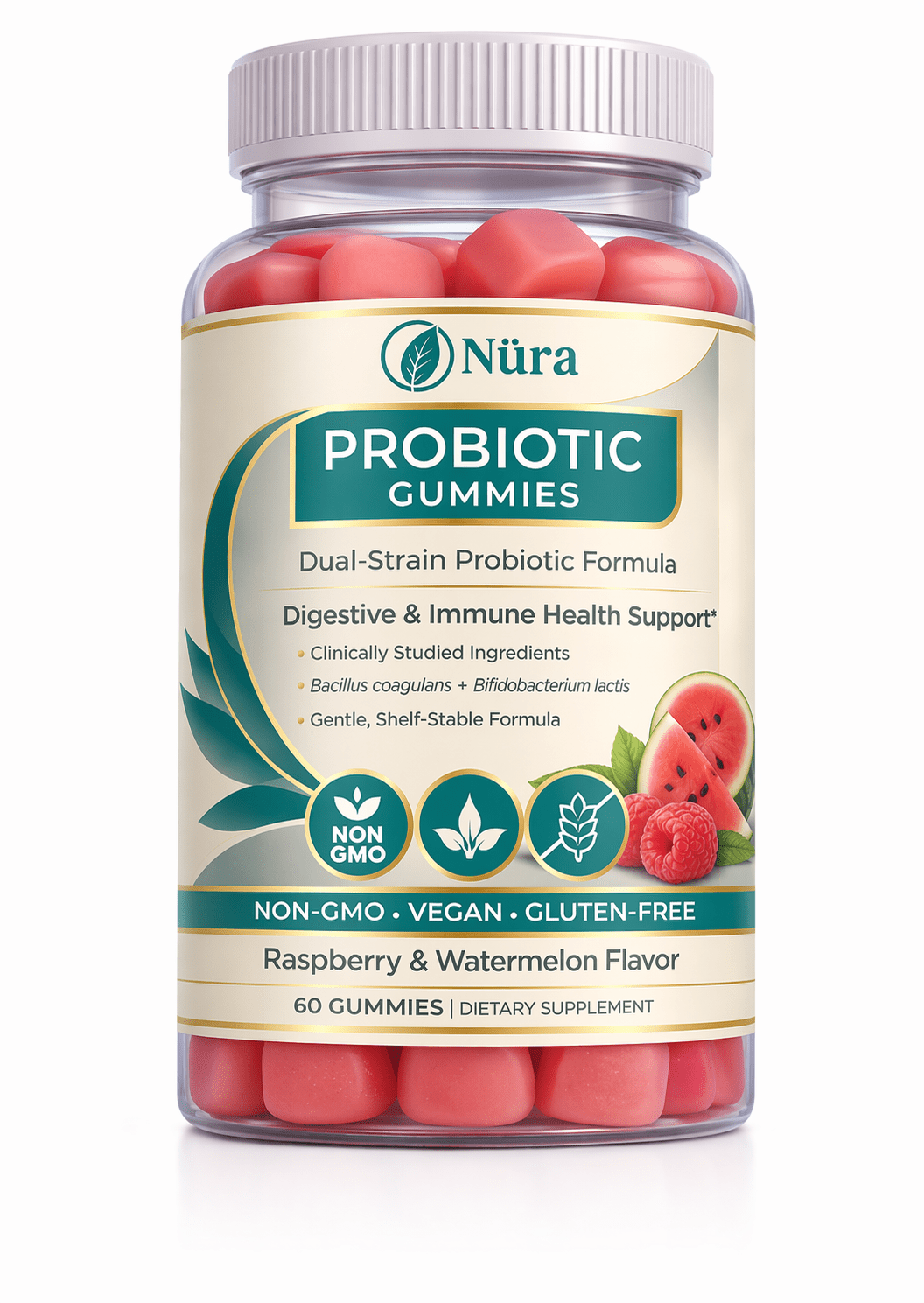 Nüra Probiotic Gummies for Women and Men | Dual - Strain Digestive and Immune Support | 60 Counts - Nura Nutrition