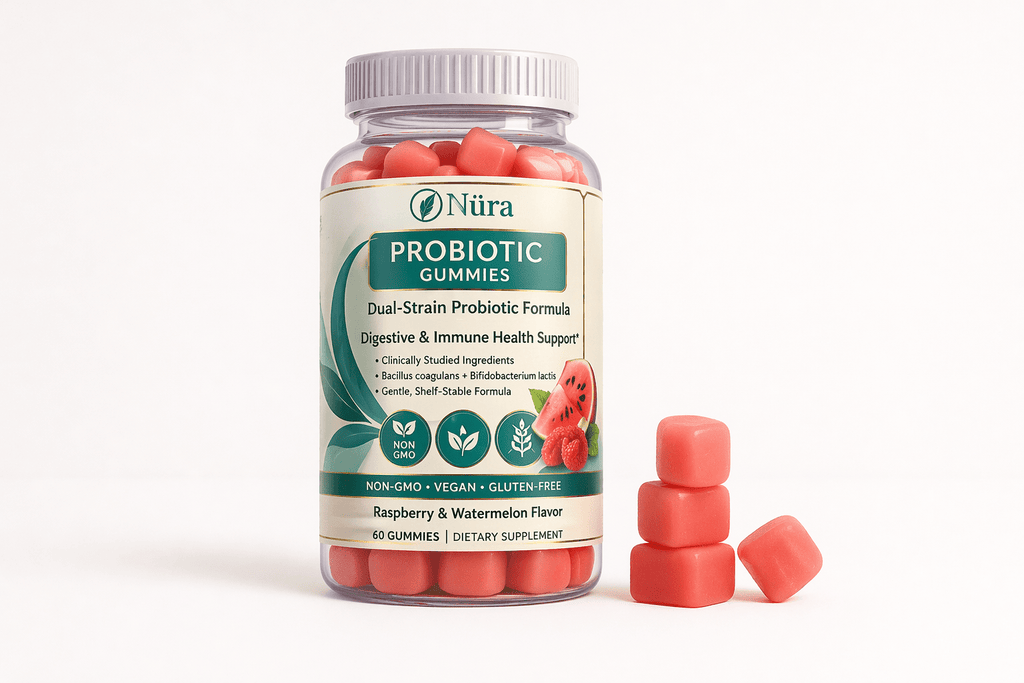 Nüra Probiotic Gummies for Women and Men | Dual - Strain Digestive and Immune Support | 60 Counts - Nura Nutrition