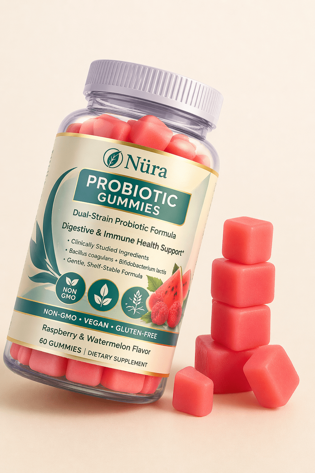 Nüra Probiotic Gummies for Women and Men | Dual - Strain Digestive and Immune Support | 60 Counts - Nura Nutrition