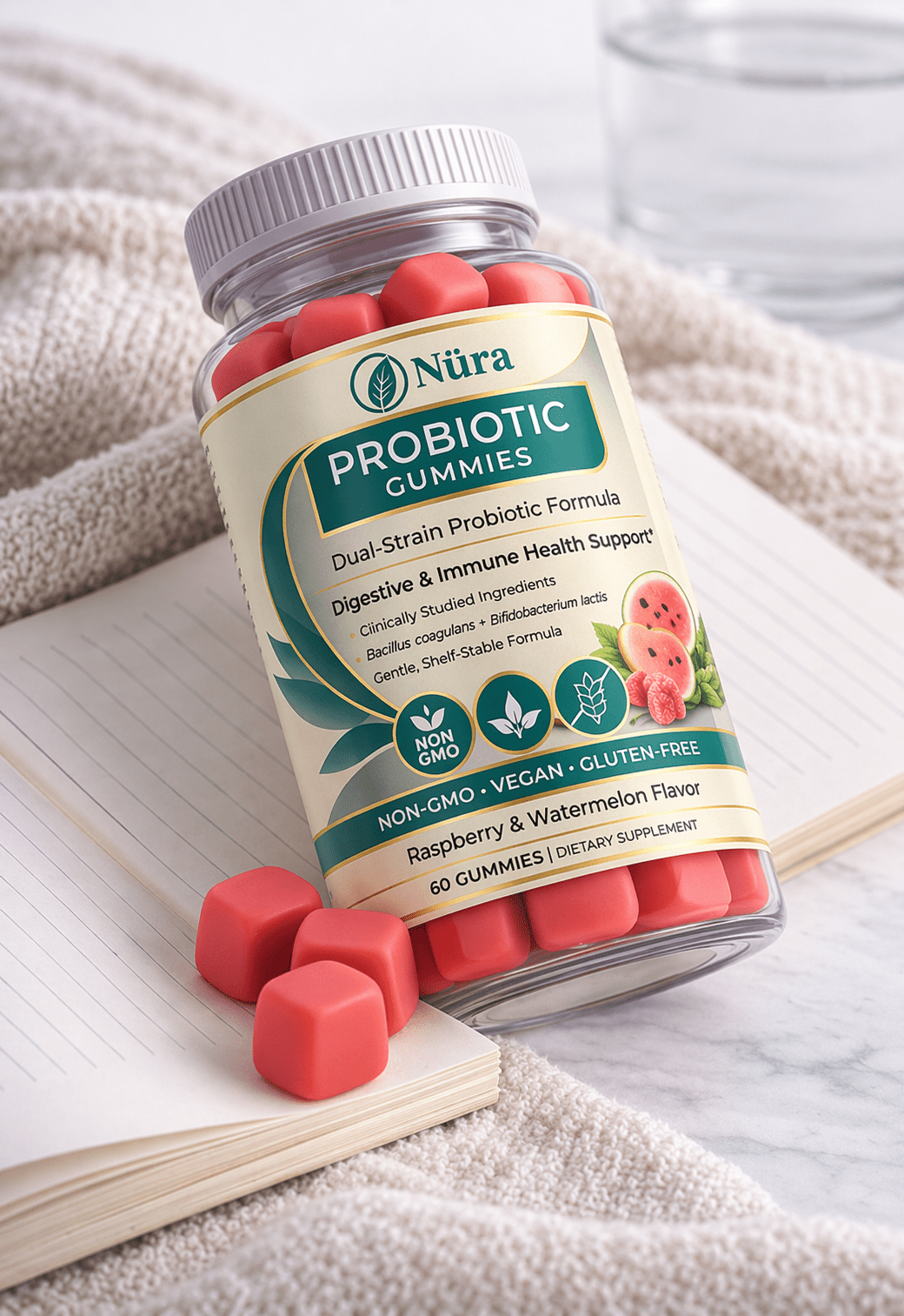 Nüra Probiotic Gummies for Women and Men | Dual - Strain Digestive and Immune Support | 60 Counts - Nura Nutrition