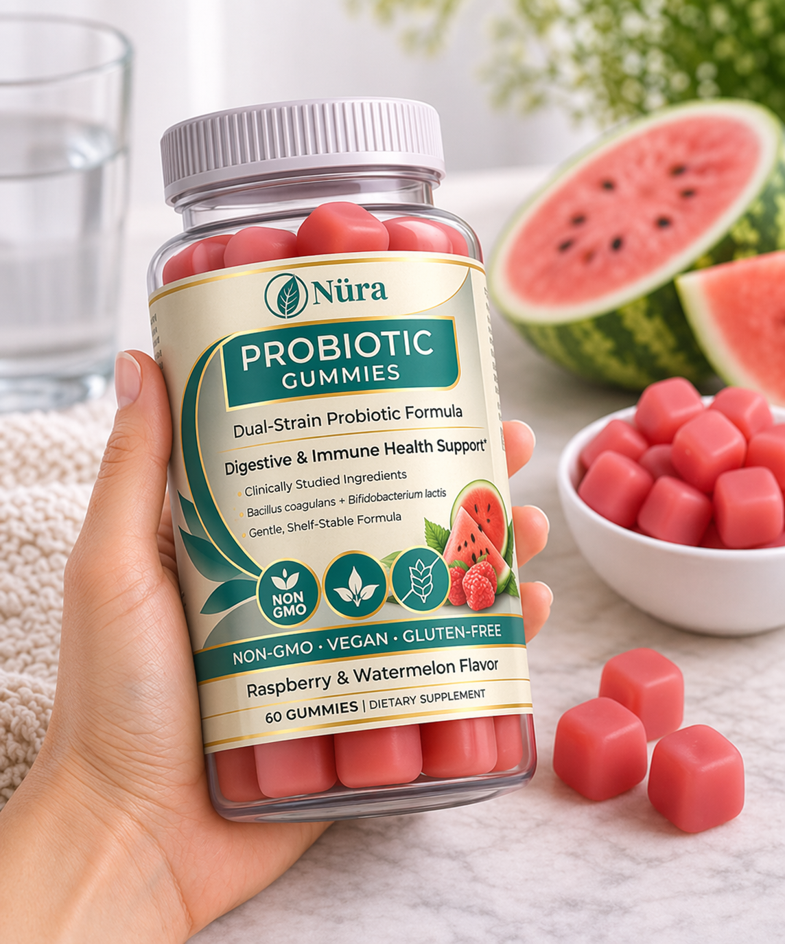 Nüra Probiotic Gummies for Women and Men | Dual - Strain Digestive and Immune Support | 60 Counts - Nura Nutrition