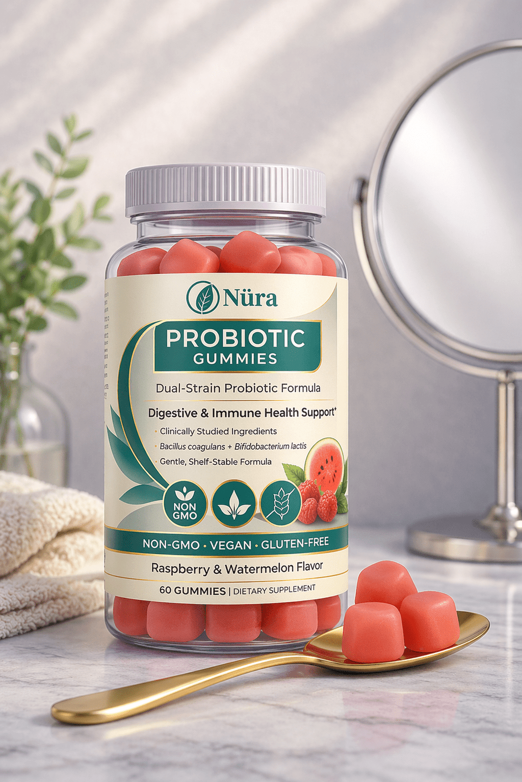 Nüra Probiotic Gummies for Women and Men | Dual - Strain Digestive and Immune Support | 60 Counts - Nura Nutrition